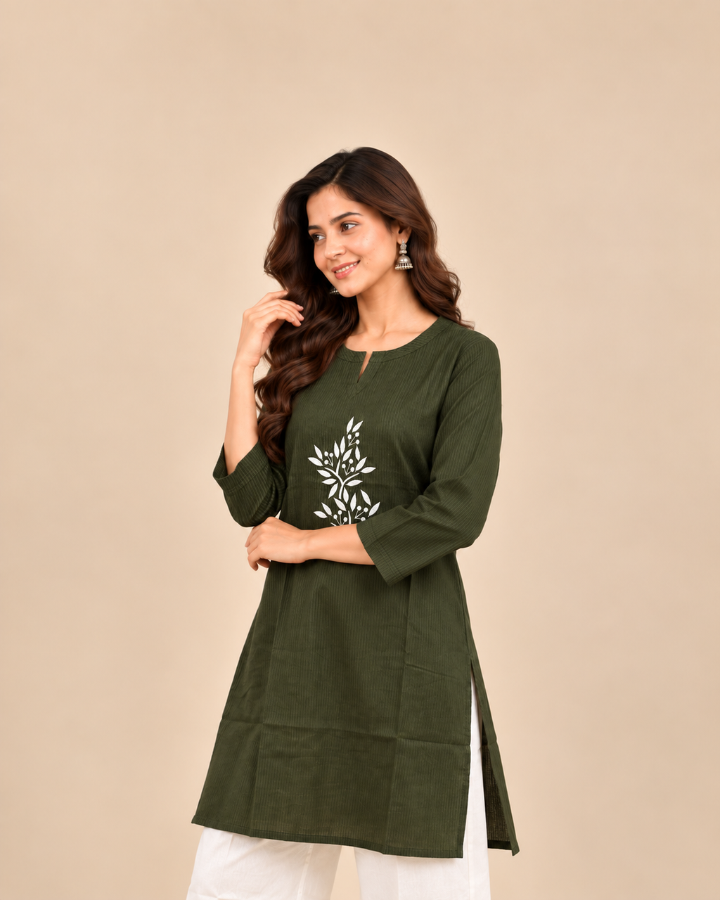 Olive Green Embroidered Top & White Pant Co-Ord Set