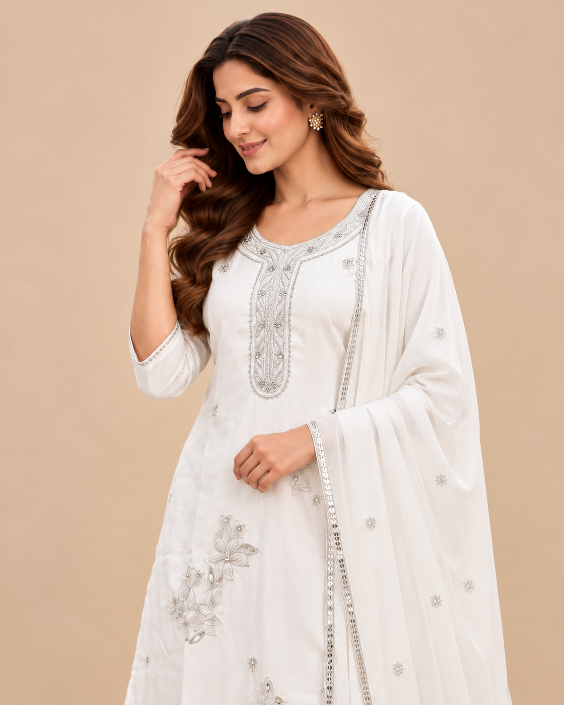 Ivory Elegance Embroidered 3-Piece Kurti Set