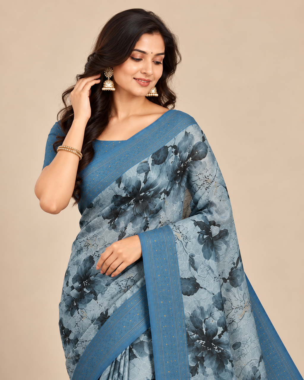 Misty Bloom Sage Grey Raw Silk Saree