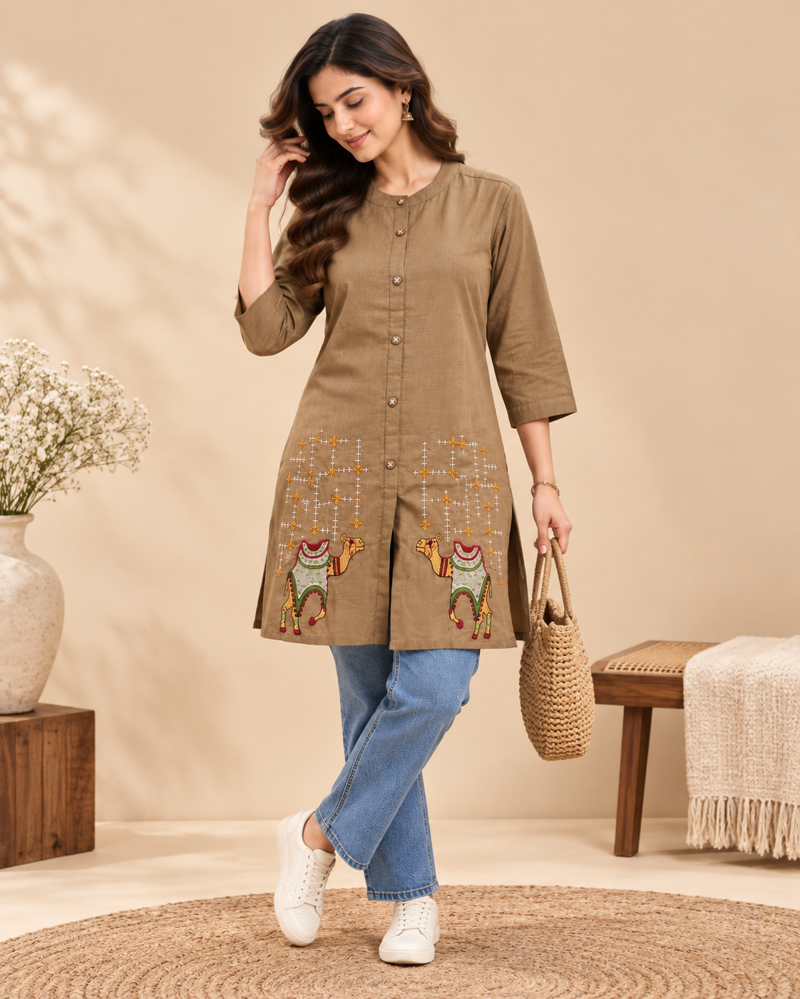 Beige Textured Button-Front Short Top