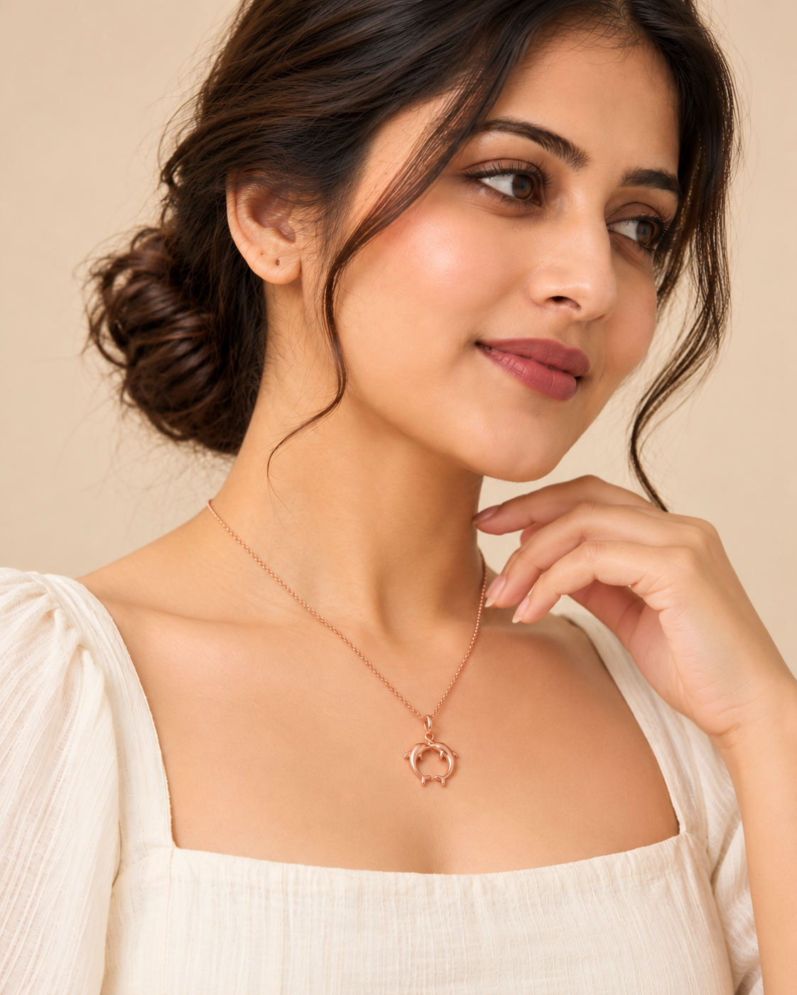 Rose Gold Twin Dolphin Pendant Necklace
