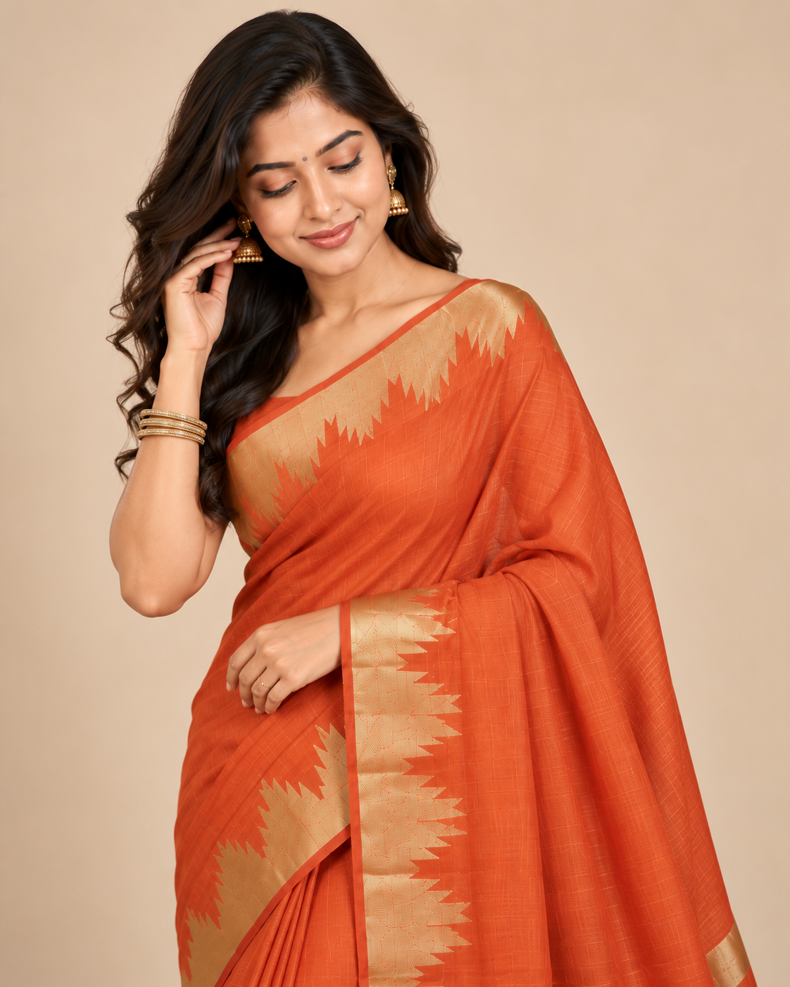 Coral Gold Raw Silk Saree