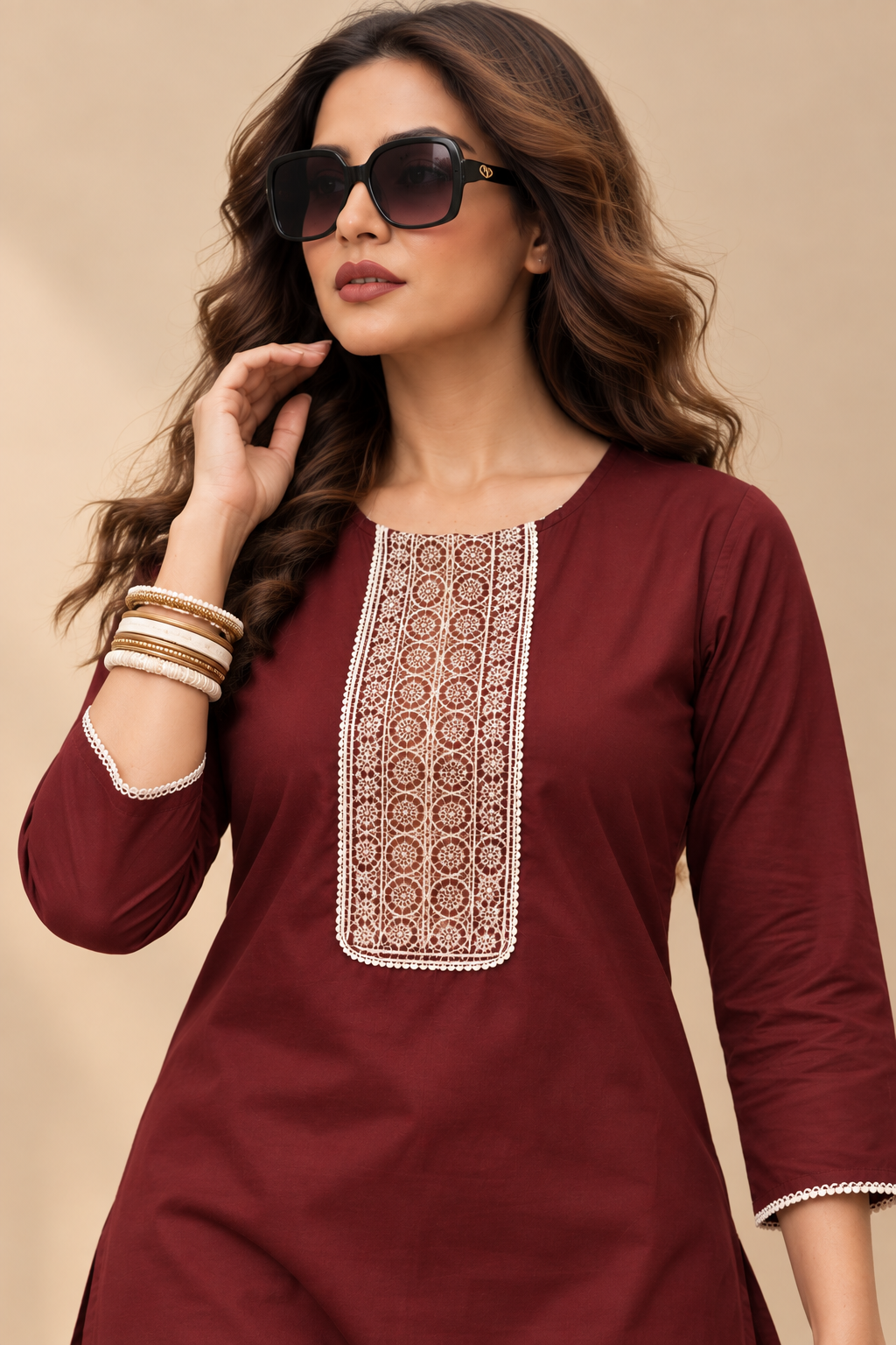 Embroidered Cotton Short Top & Palazzo Co-Ord Set – Wine