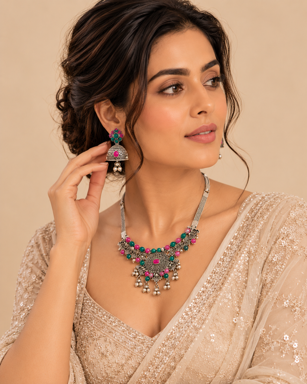 Oxidised Silver Pink & Green Beaded Necklace Set with Jhumka Earrings