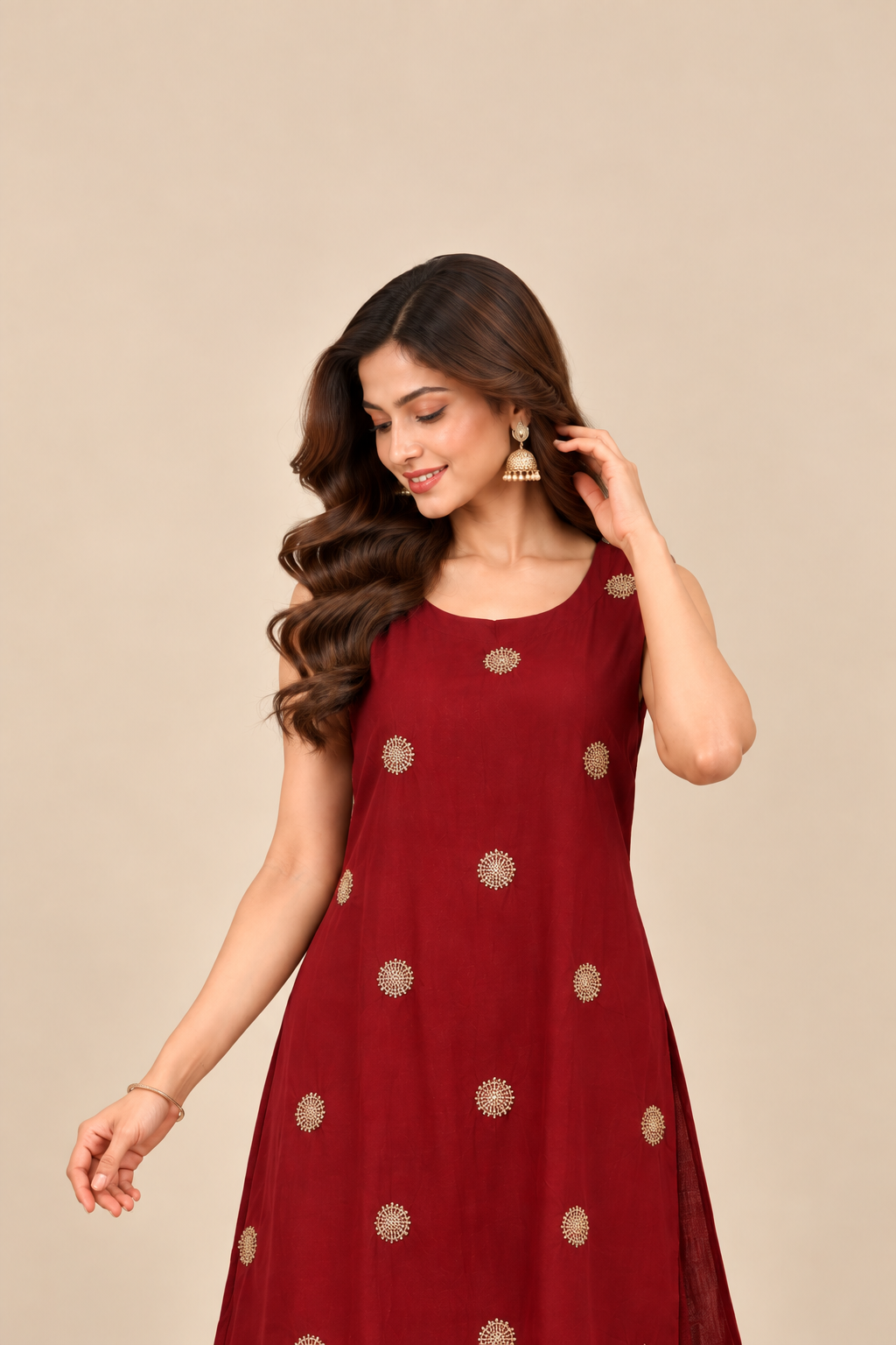 Wine Embroidered Two-Piece Kurti Set