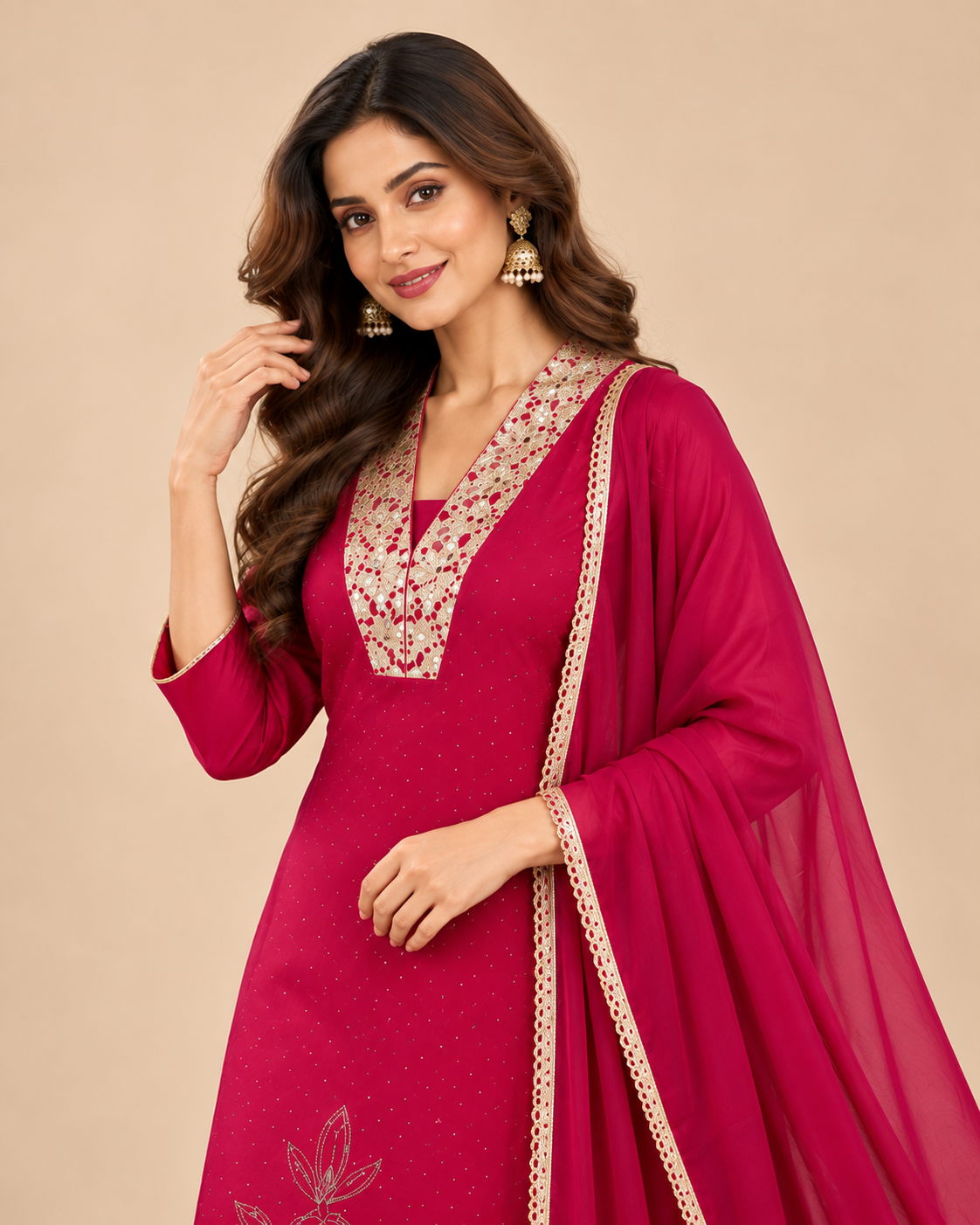 Magenta Gold Embroidered 3-Piece Kurti Set