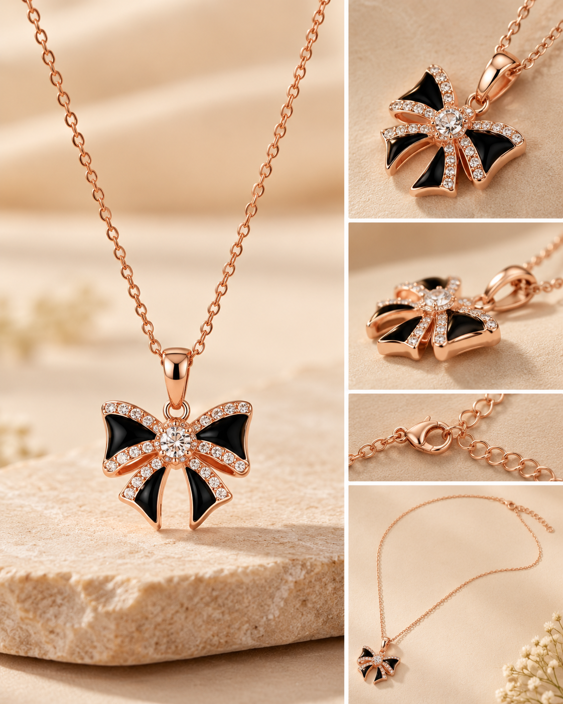 Celeste Black Bow Crystal Pendant Necklace