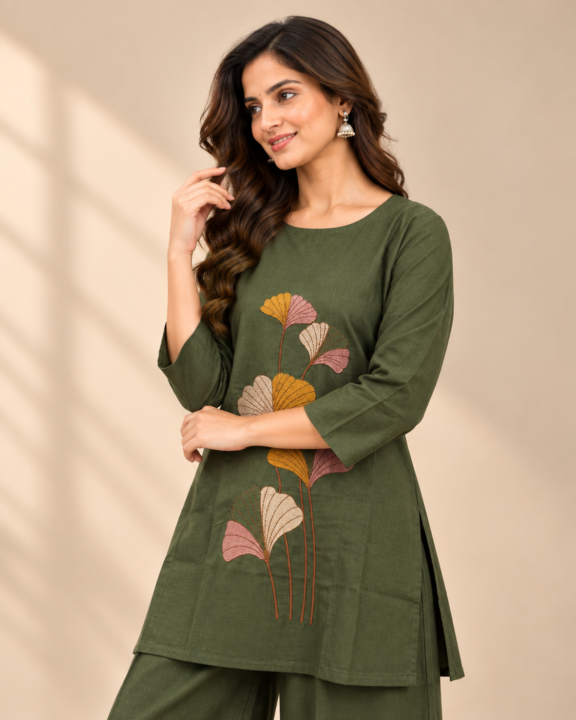 Sage Green Floral Embroidered Two-Piece Kurti Set