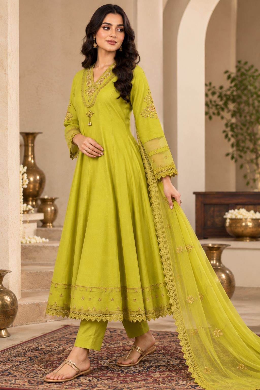 Lime Green Embroidered 3-Piece Kurti Set