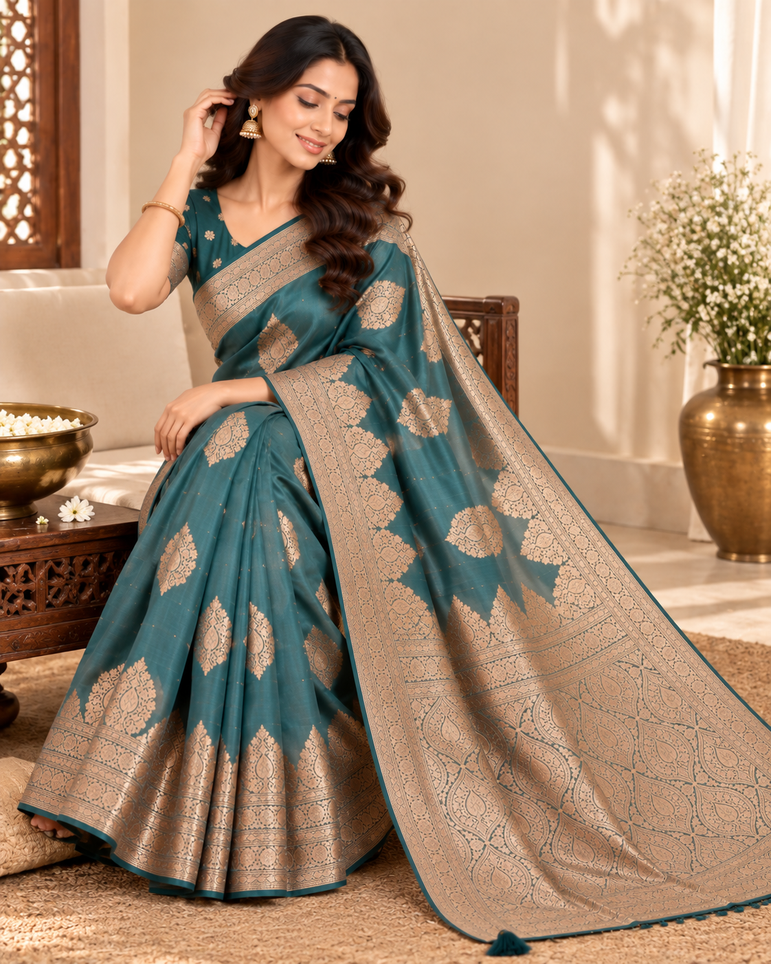 Teal Heritage Zari Raw Silk Saree