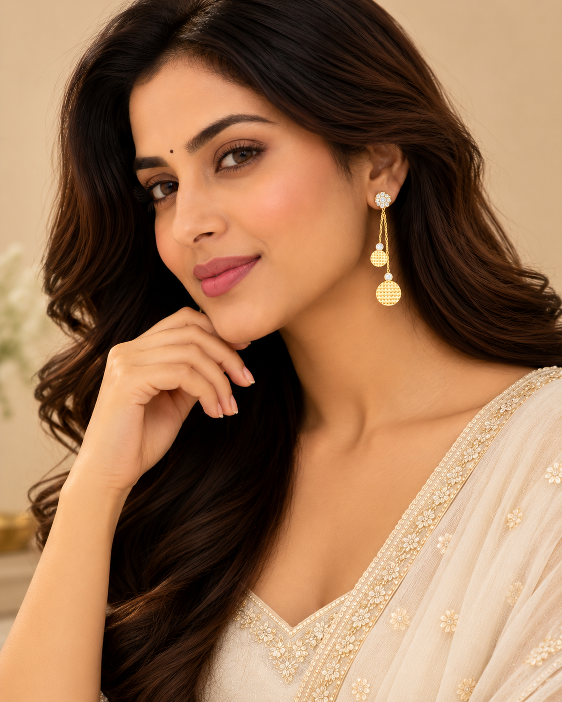 Gold Textured Double Drop Earrings with Crystal Floral Studs