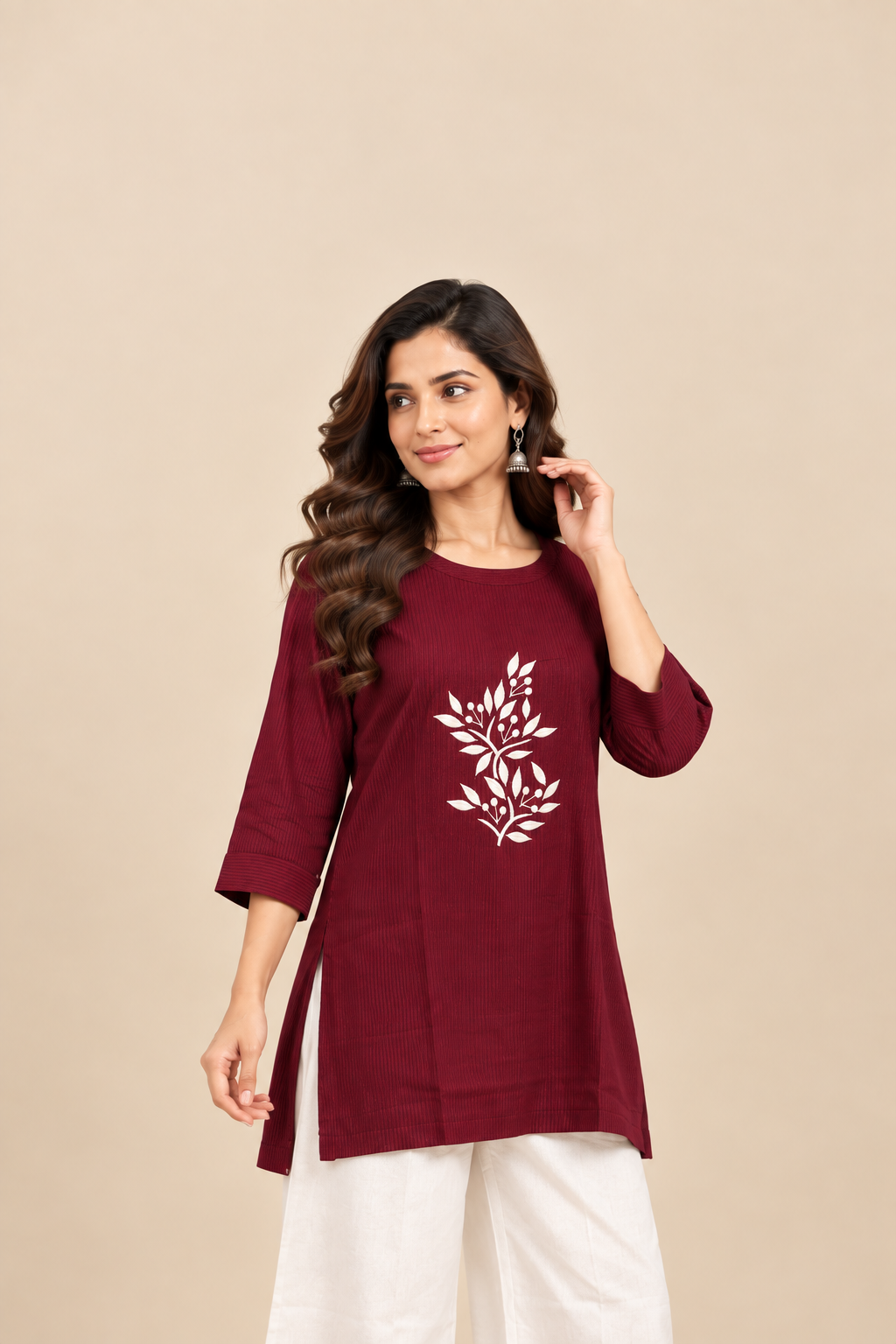 Maroon Embroidered Top & White Pant Co-Ord Set