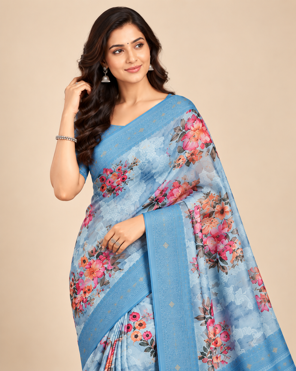 Misty Bloom Light Blue Raw Silk Saree