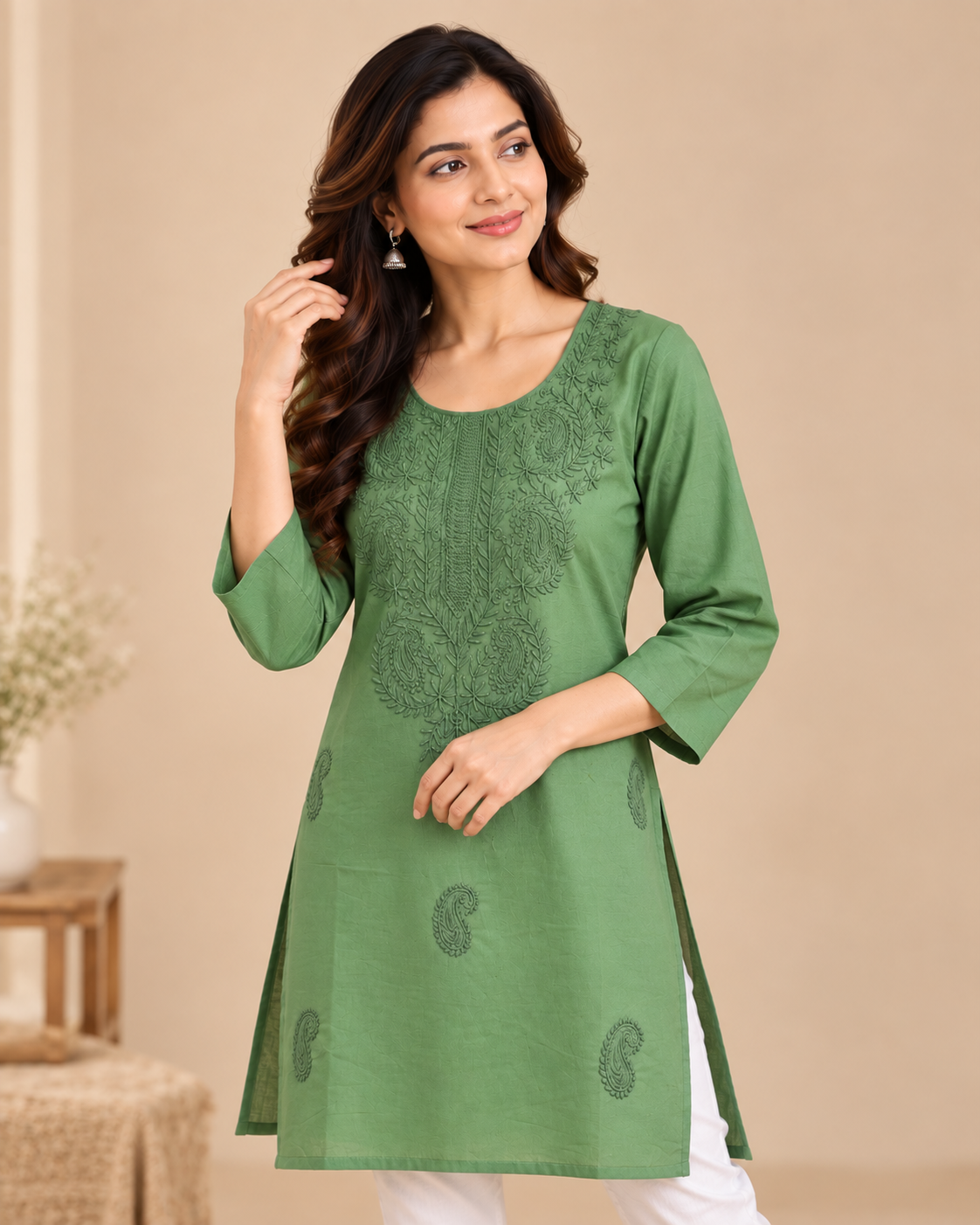 Sage Green Floral Embroidered Short Top