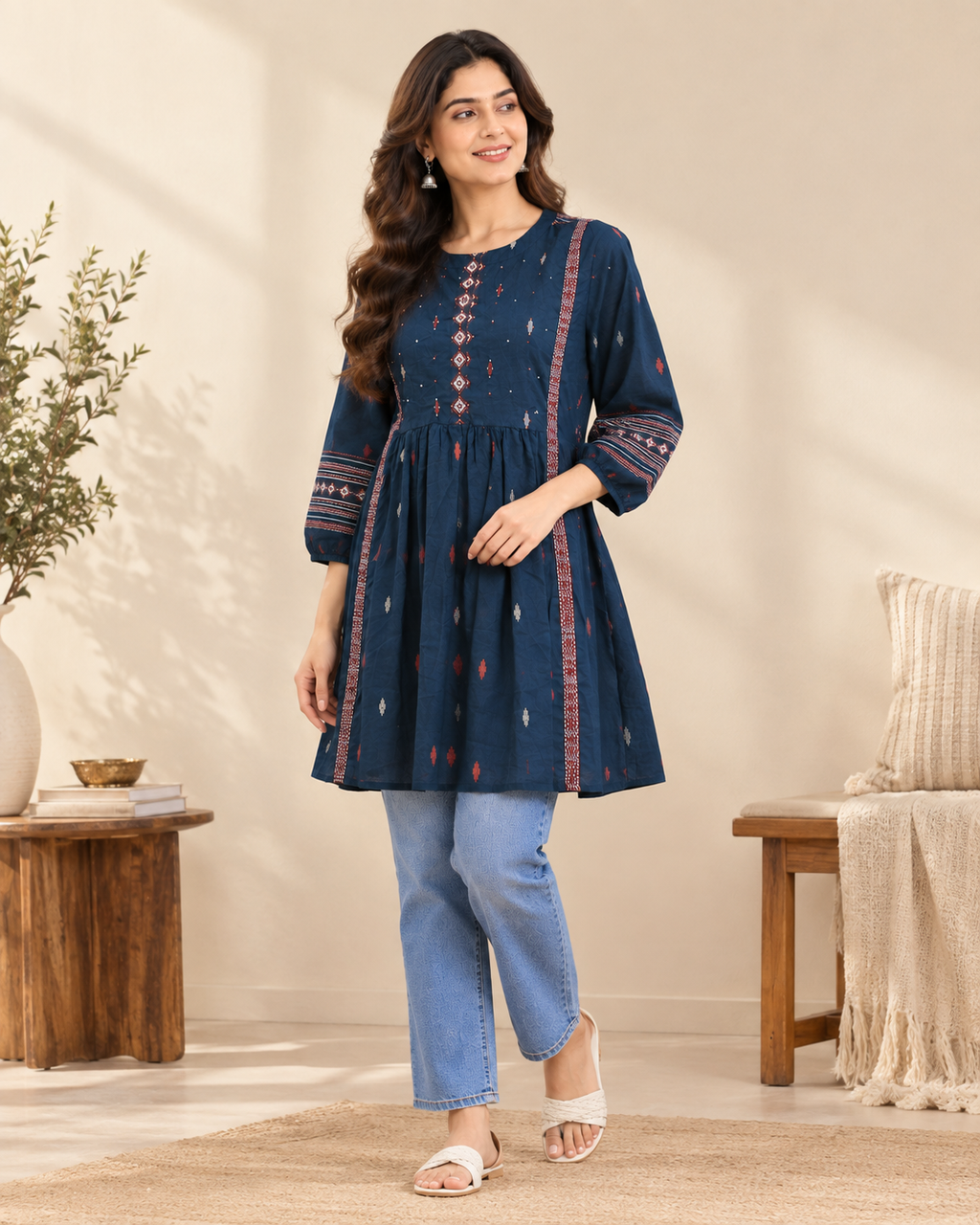 Navy Embroidered Embellished Short Top