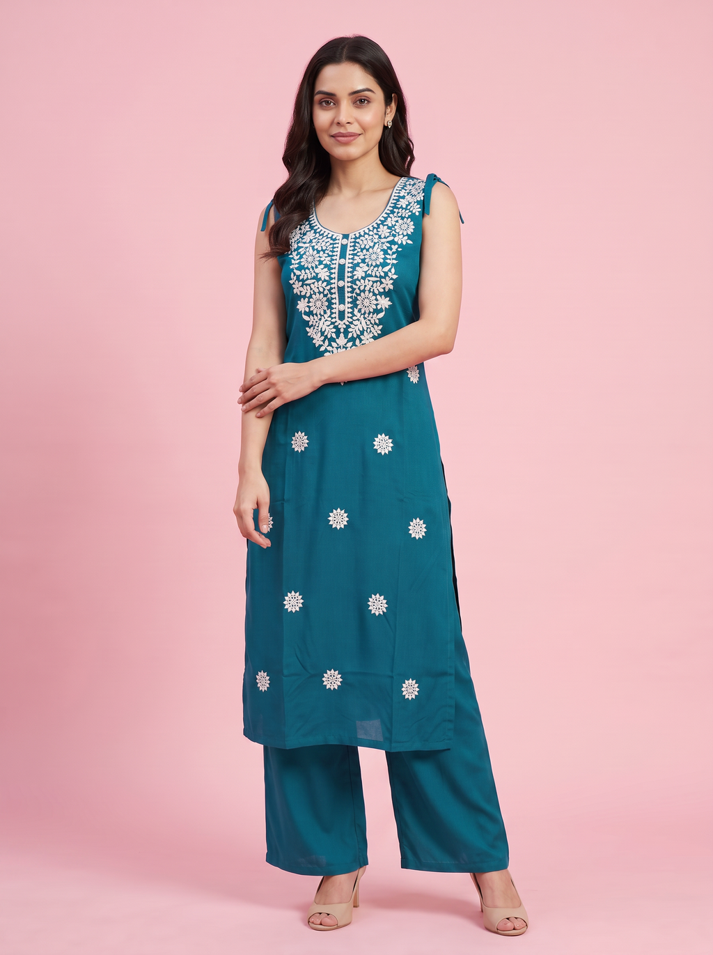 Teal Embroidered Rayon Kurta Pant Co-Ord Set