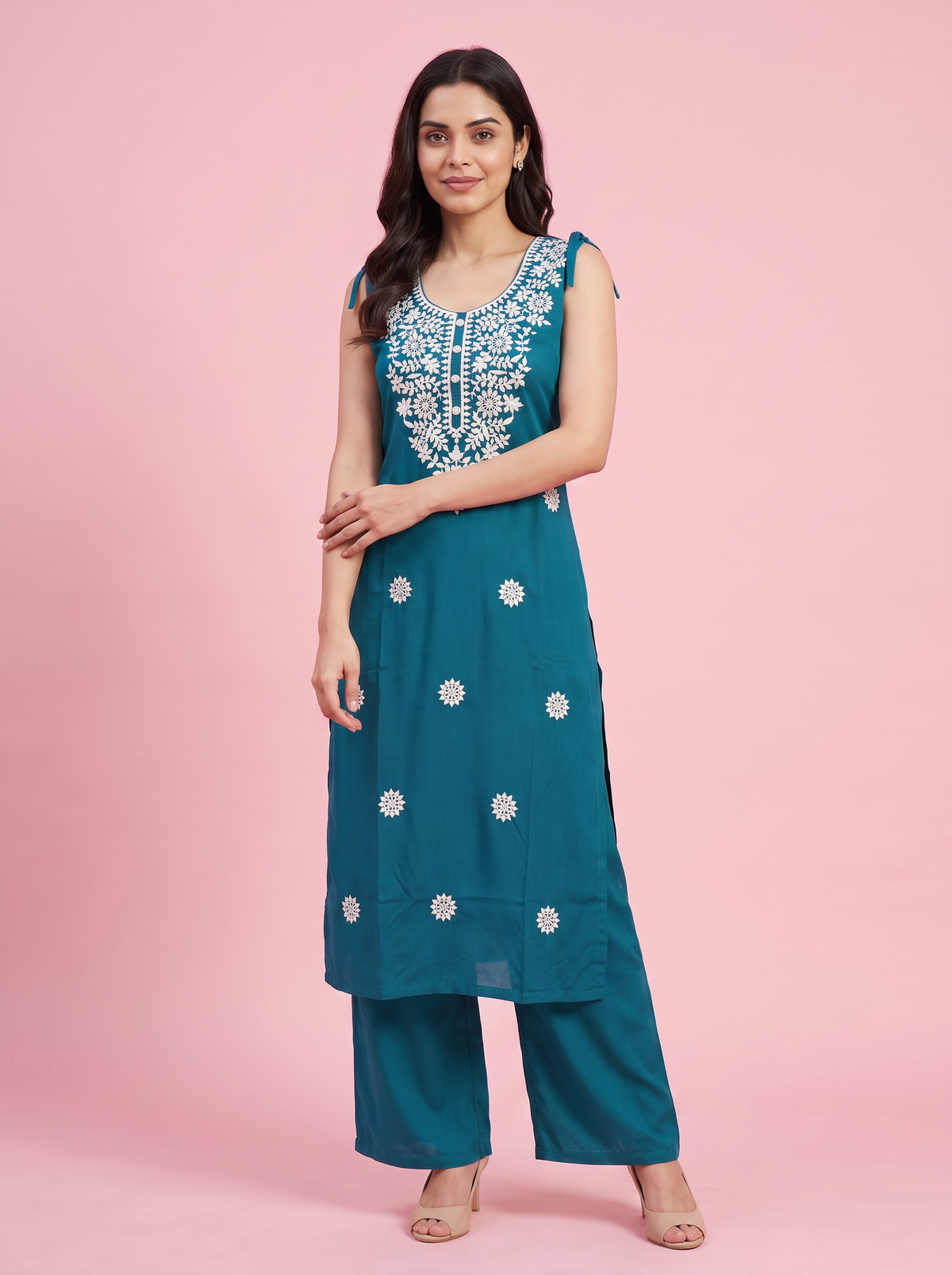 Teal Embroidered Rayon Kurta Pant Co-Ord Set