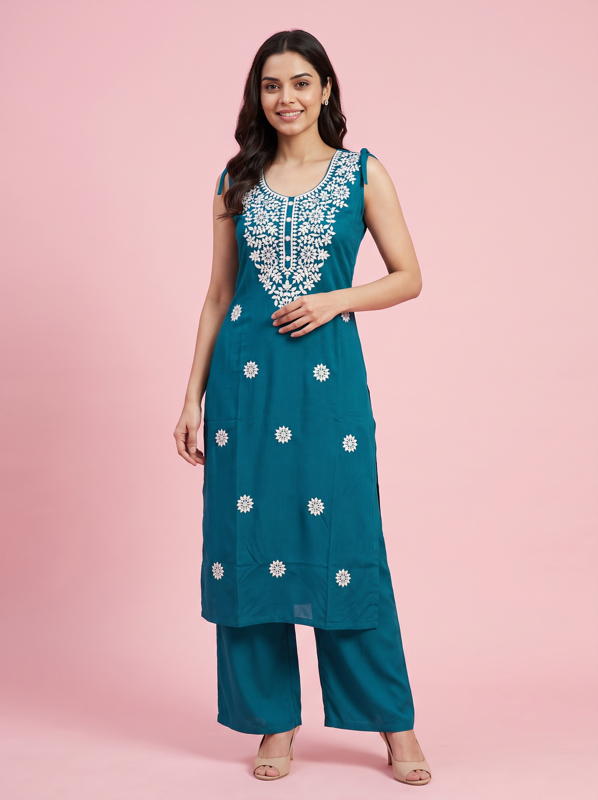 Teal Embroidered Rayon Kurta Pant Co-Ord Set