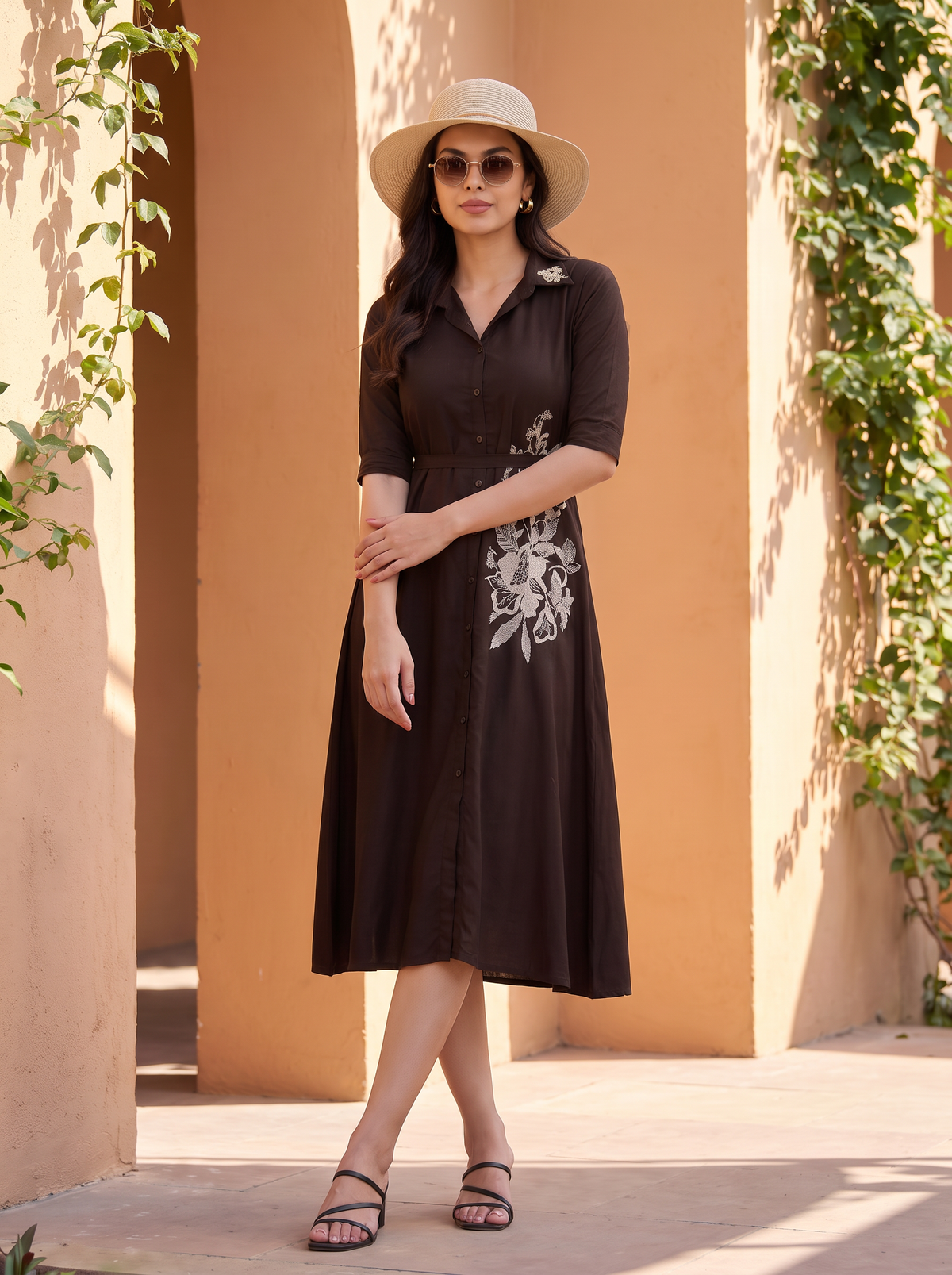 Chocolate Brown Embroidered Midi Gown