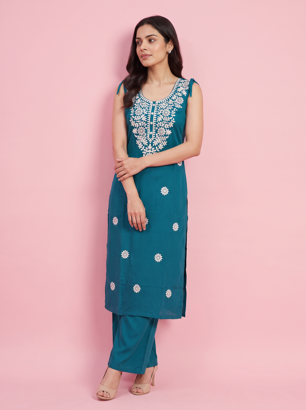 Teal Embroidered Rayon Kurta Pant Co-Ord Set