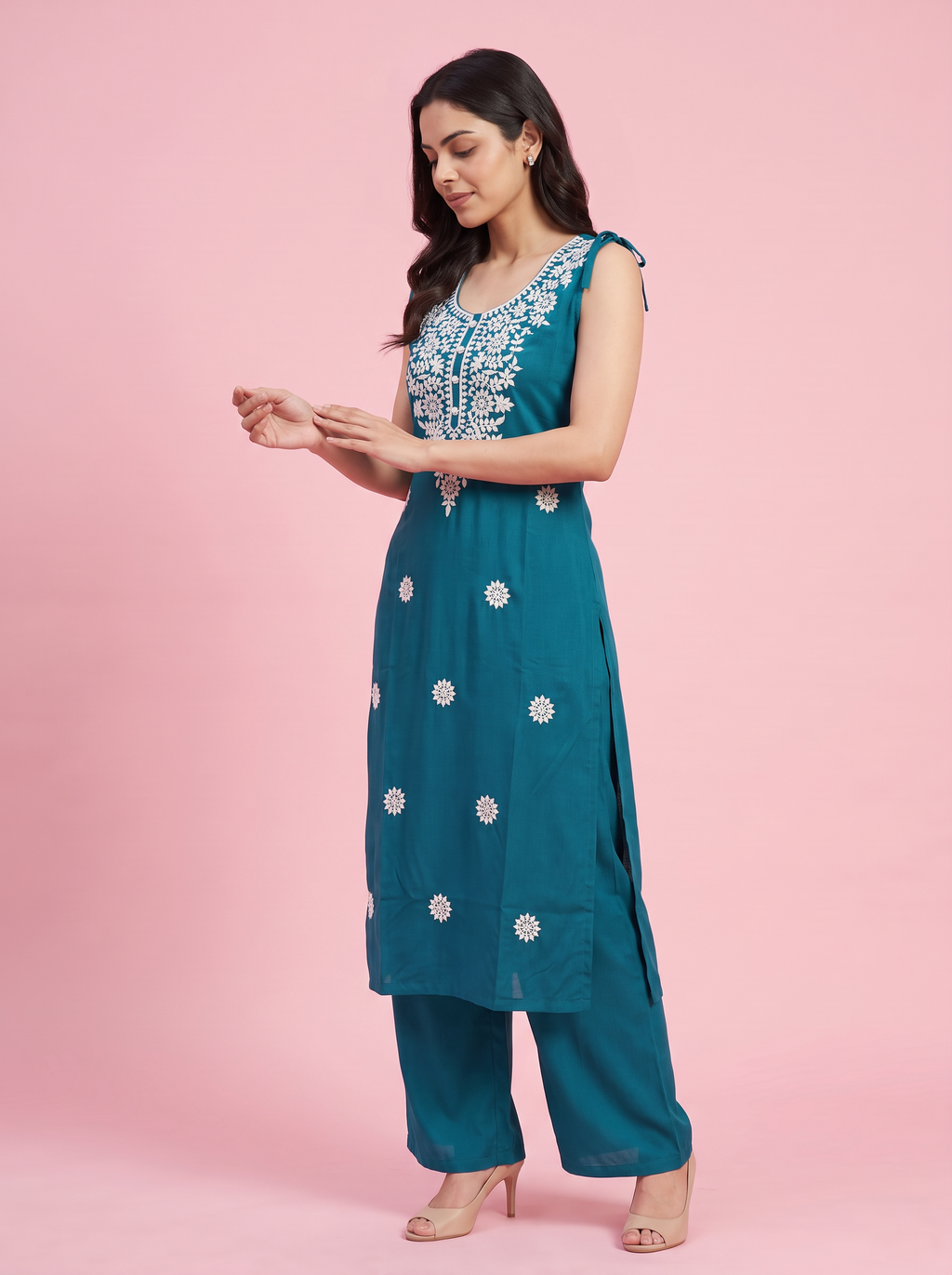 Teal Embroidered Rayon Kurta Pant Co-Ord Set
