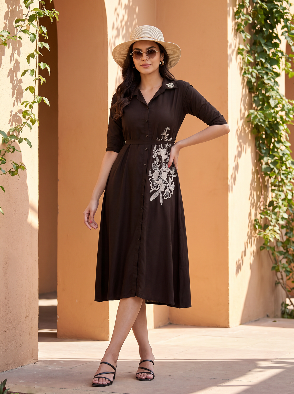 Chocolate Brown Embroidered Midi Gown