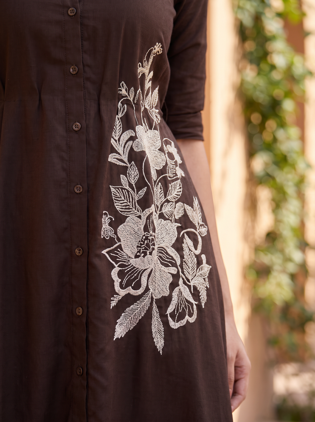 Chocolate Brown Embroidered Midi Gown