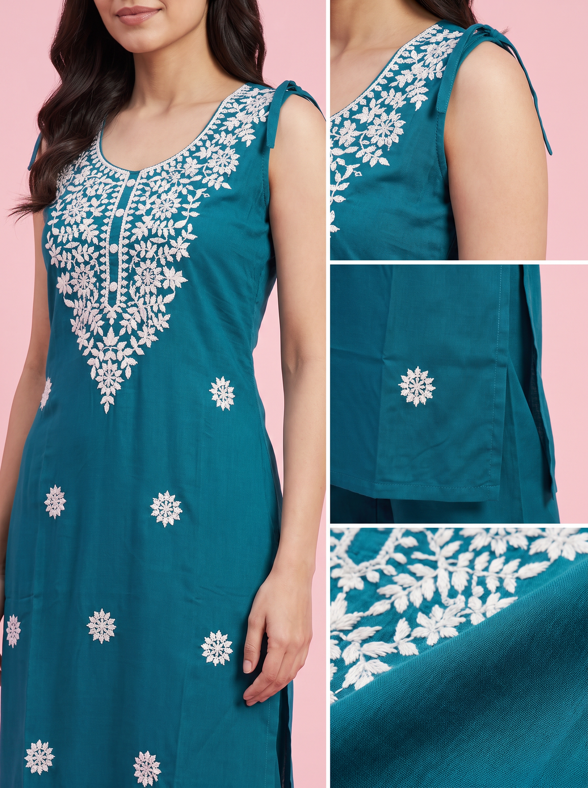 Teal Embroidered Rayon Kurta Pant Co-Ord Set