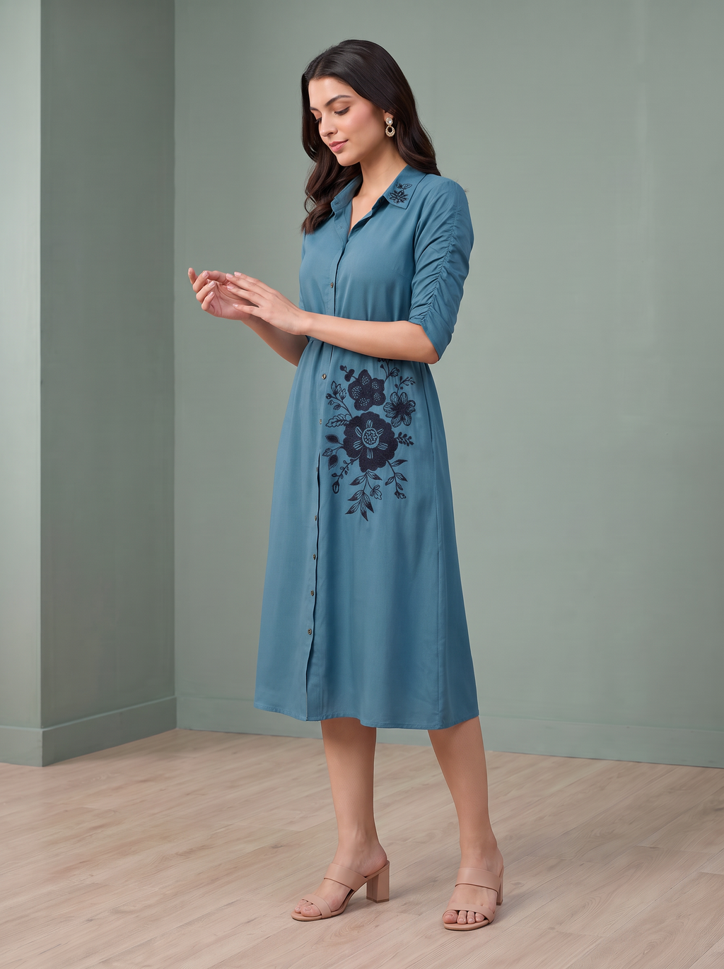 Teal Blue Embroidered Midi Gown
