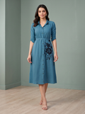 Teal Blue Embroidered Midi Gown