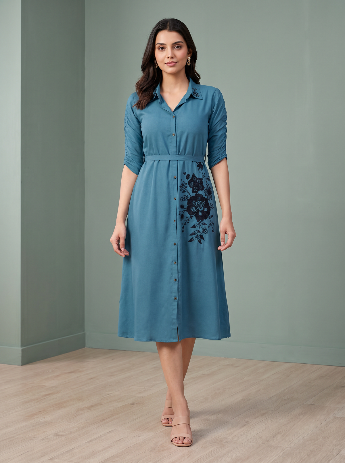 Teal Blue Embroidered Midi Gown