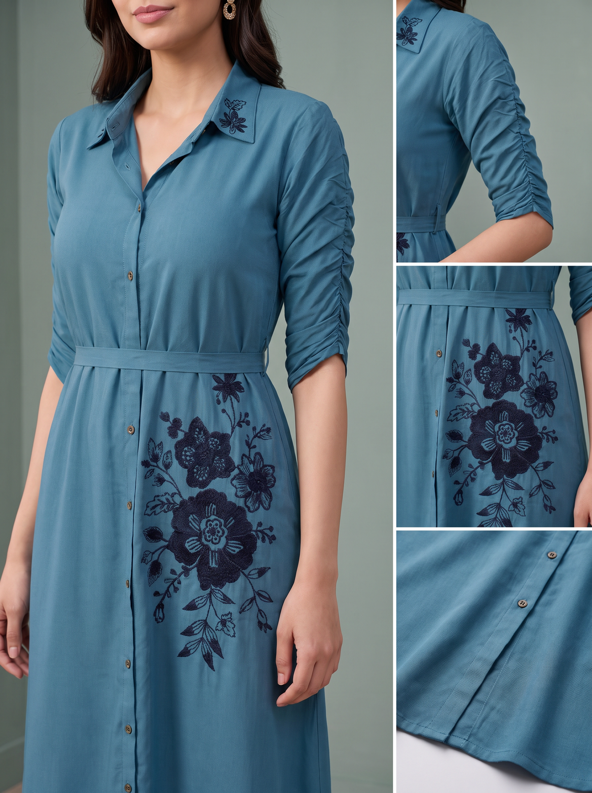 Teal Blue Embroidered Midi Gown