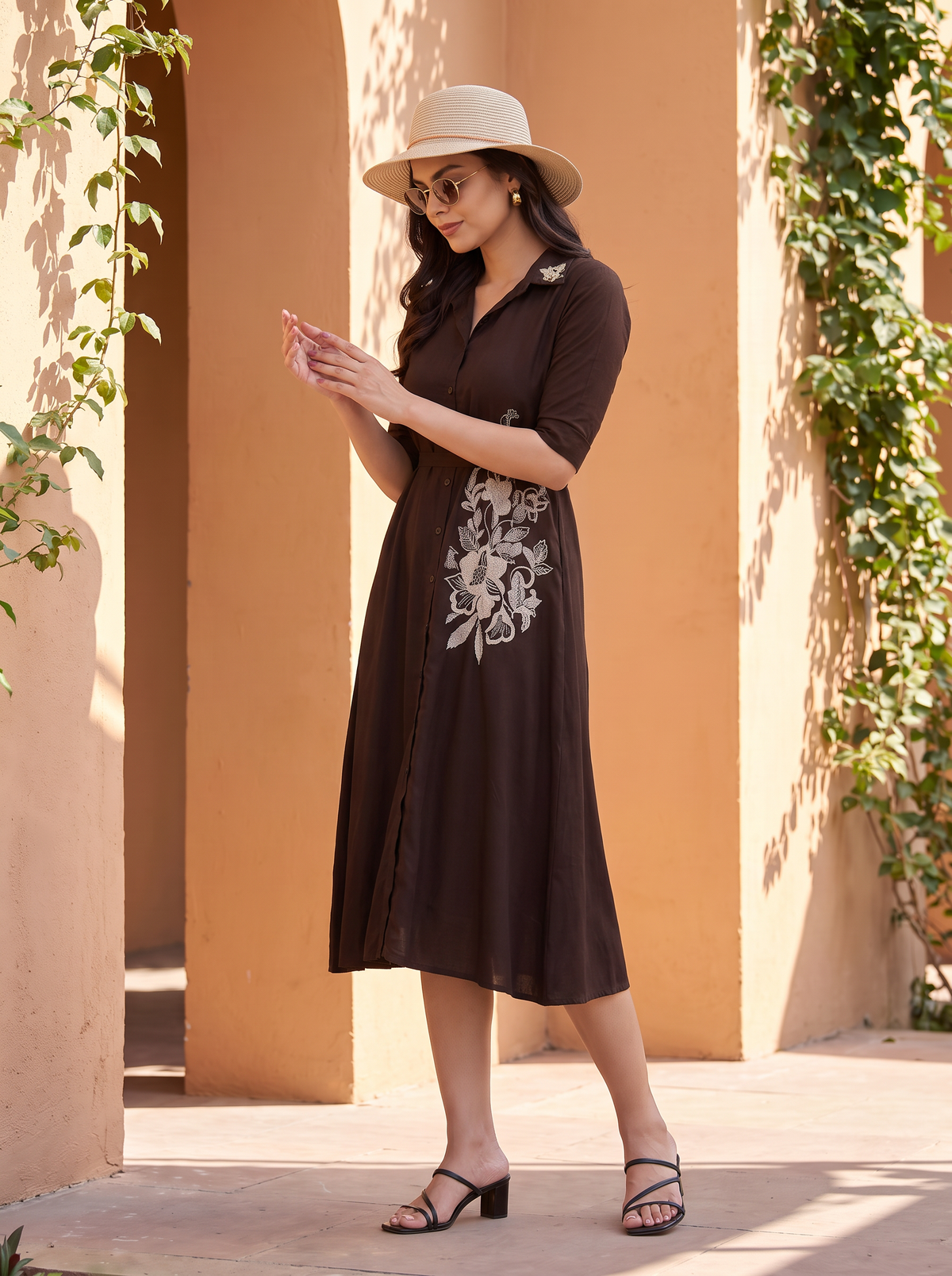 Chocolate Brown Embroidered Midi Gown